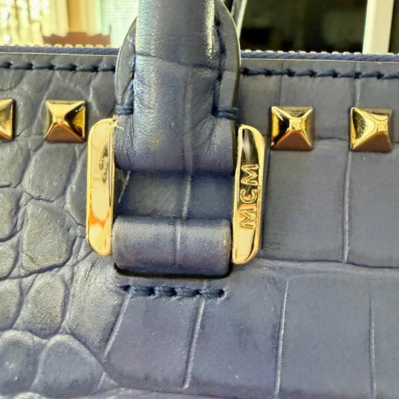 MCM Navy Crocodile Embossed Satchel with Gold Studs - Picture 3 of 11
